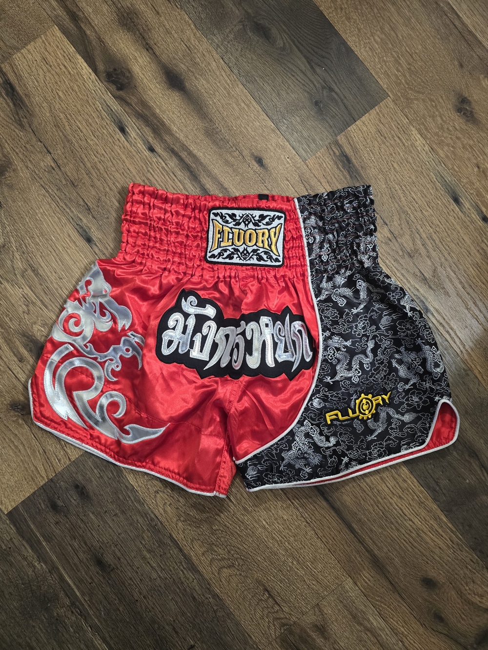 Fluory Women's Red & Black Satin Muay Thai Shorts